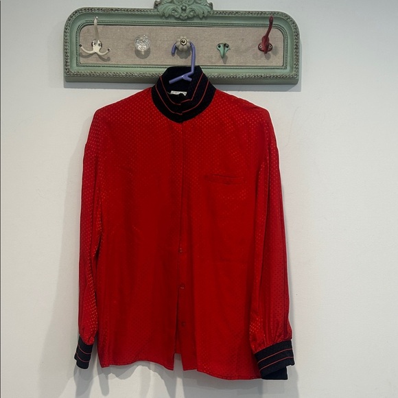 Vintage Tops - Vintage 80s Pearl C Silk Red Button-Up Shirt with Black Accents 6 women’s